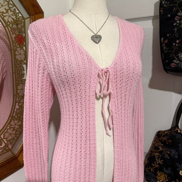 VTG Y2K Its Our Time Light Pink Open Knit Crochet Tie Front Duster Cardigan S - Picture 2 of 8